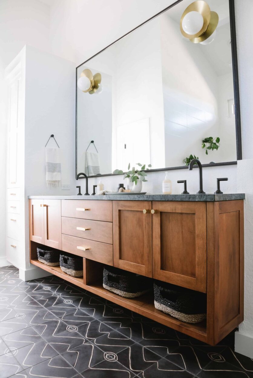 Samantha Gluck Emily Henderson Black Floor Tile Master Bathroom1